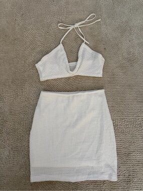 SHEIN White Textured Knit Halter Crop Top & Mini Skirt Set